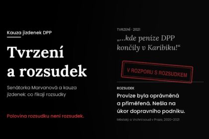 Srovnání výroku Hany Marvanové „…kde peníze DPP končily v Karibiku!“ se zjištěním soudu, že provize byla oprávněná, přiměřená a nešla na úkor dopravního podniku. Přes výrok je červené razítko „V rozporu s rozsudkem“.